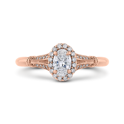 Split Shank Oval Cut Diamond Halo Cathedral Style Engagement Ring in 14K Rose Gold