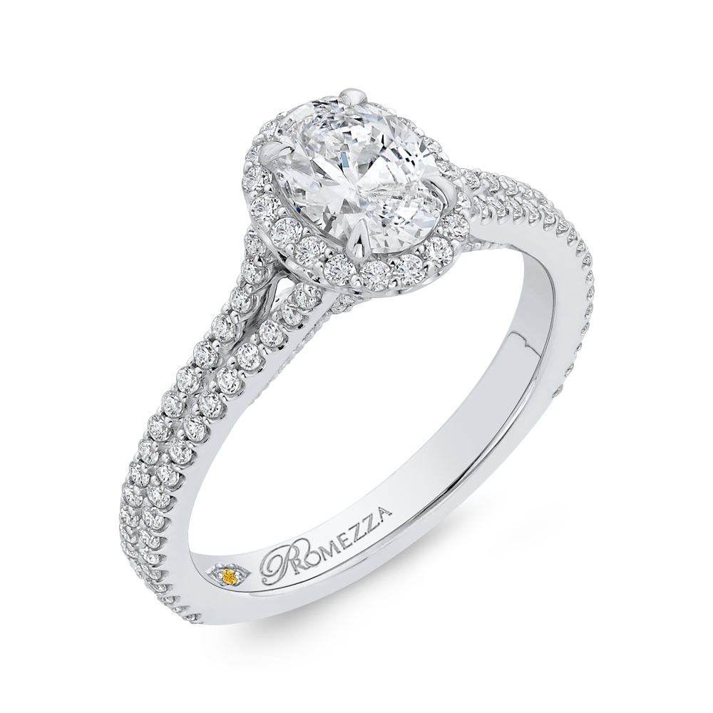 Split Shank Oval Cut Diamond Halo Engagement Ring in 14K White Gold