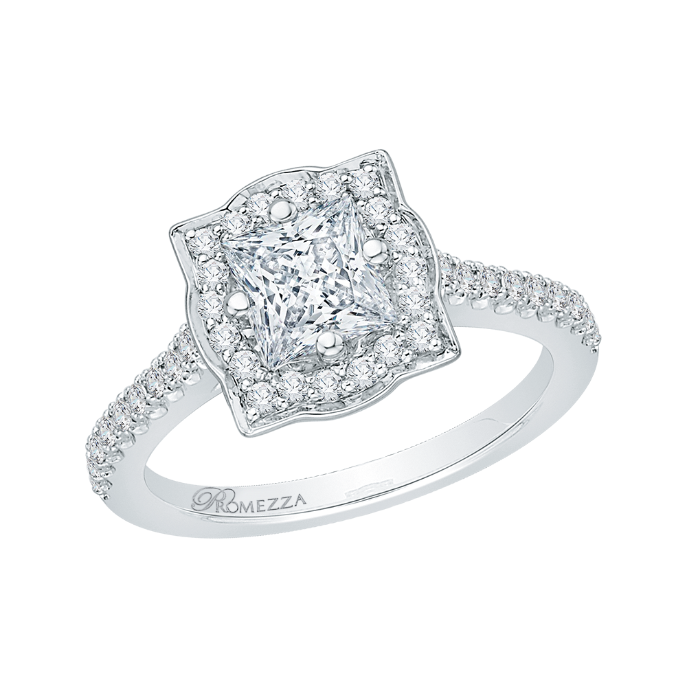 Princess Cut Diamond Halo Vintage Engagement Ring in 14K White Gold