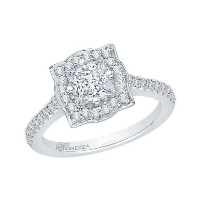 Princess Cut Diamond Halo Vintage Engagement Ring in 14K White Gold