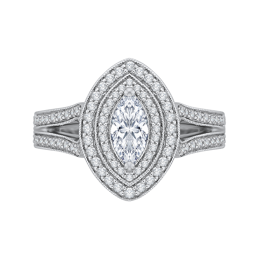 Split Shank Marquise Cut Diamond Double Halo Engagement Ring in 14K White Gold