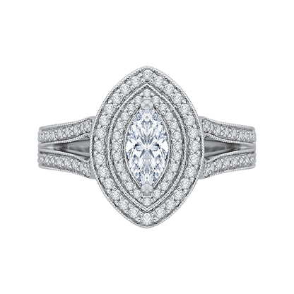 Split Shank Marquise Cut Diamond Double Halo Engagement Ring in 14K White Gold