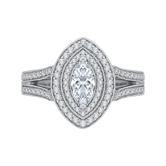 Split Shank Marquise Cut Diamond Double Halo Engagement Ring in 14K White Gold