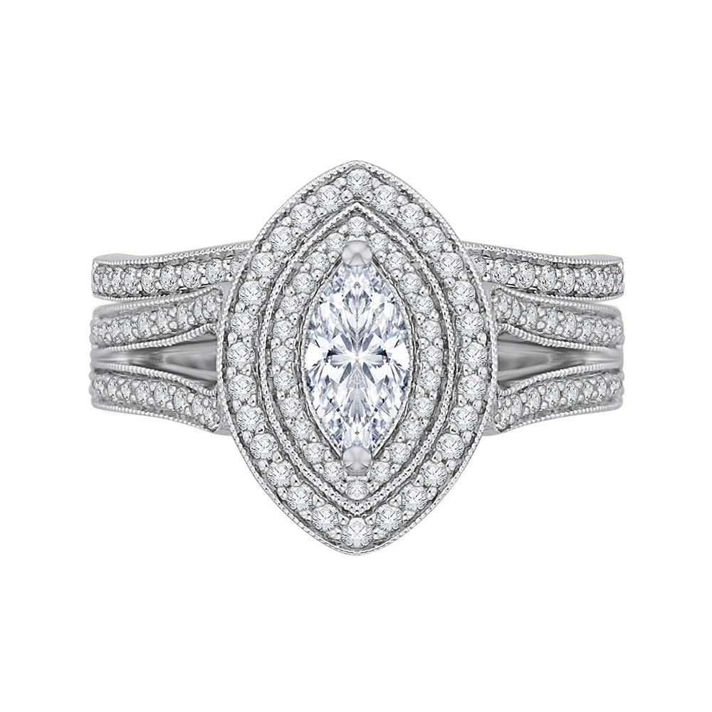 Split Shank Marquise Cut Diamond Double Halo Engagement Ring in 14K White Gold