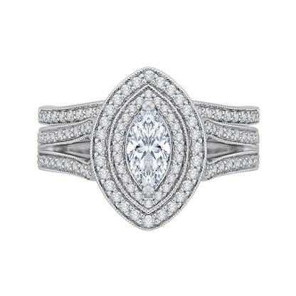 Split Shank Marquise Cut Diamond Double Halo Engagement Ring in 14K White Gold