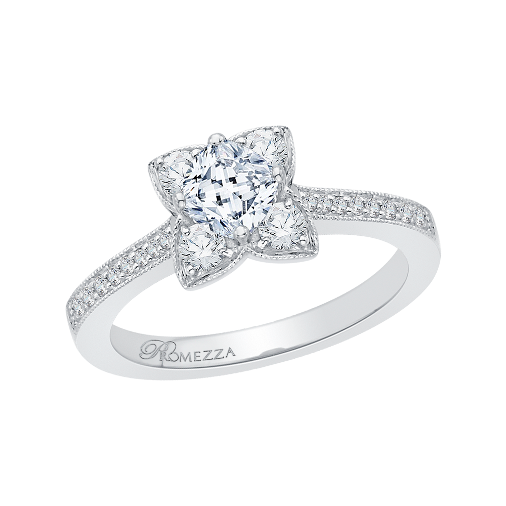 Cushion Cut Diamond Floral Engagement Ring in 14K White Gold