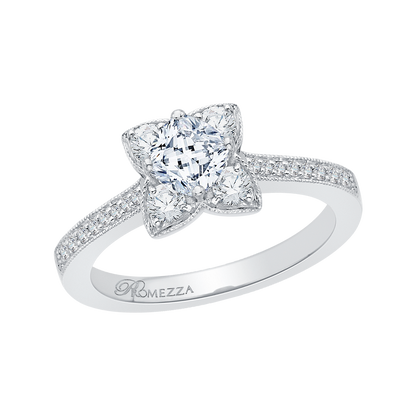 Cushion Cut Diamond Floral Engagement Ring in 14K White Gold