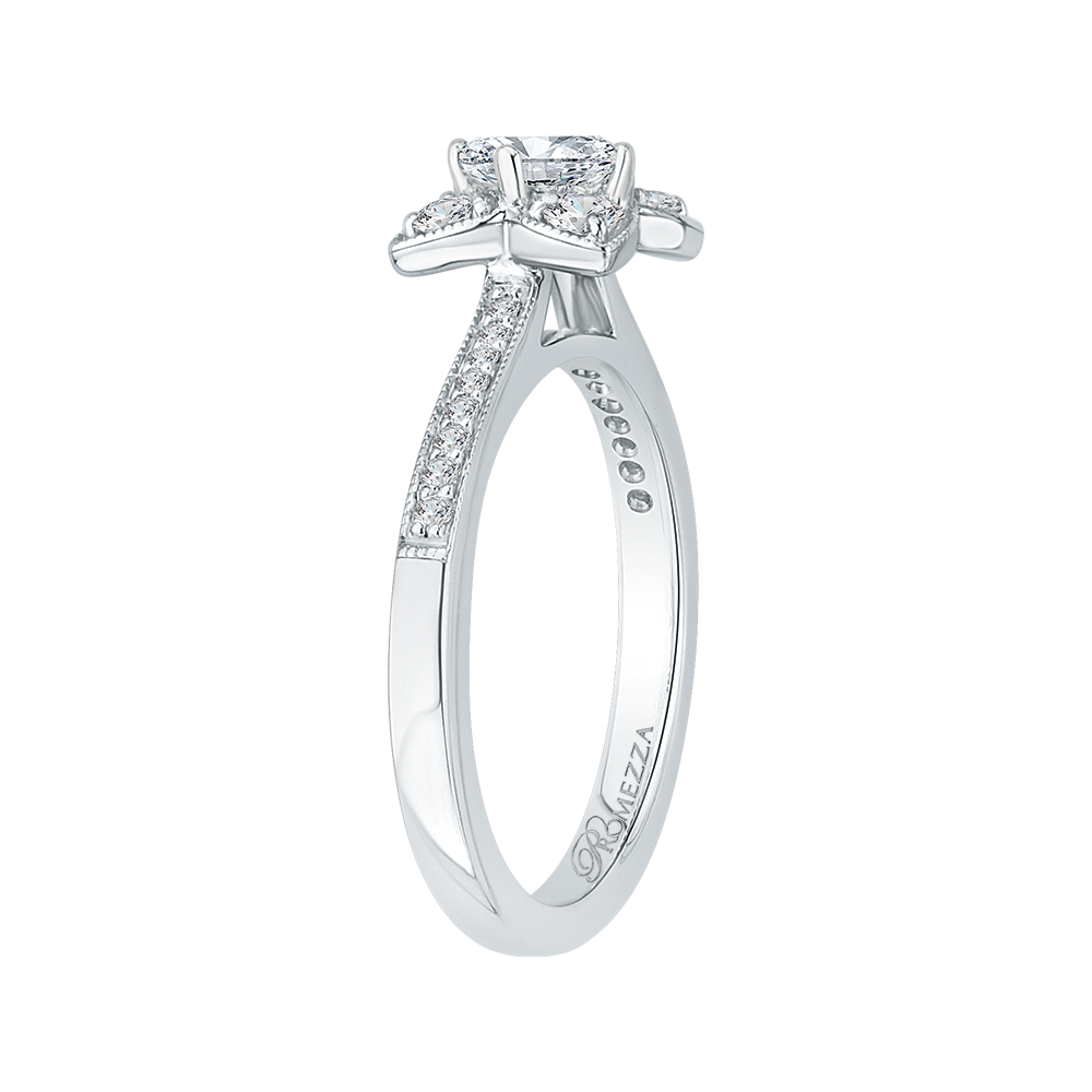 Cushion Cut Diamond Floral Engagement Ring in 14K White Gold