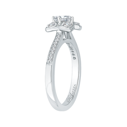 Cushion Cut Diamond Floral Engagement Ring in 14K White Gold