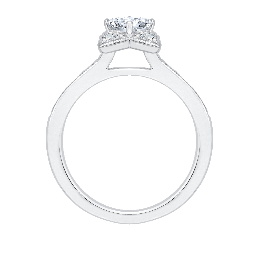 Cushion Cut Diamond Floral Engagement Ring in 14K White Gold