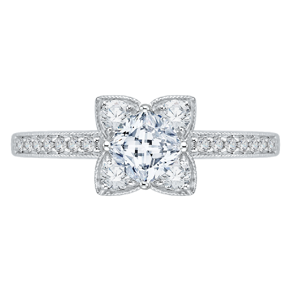 Cushion Cut Diamond Floral Engagement Ring in 14K White Gold