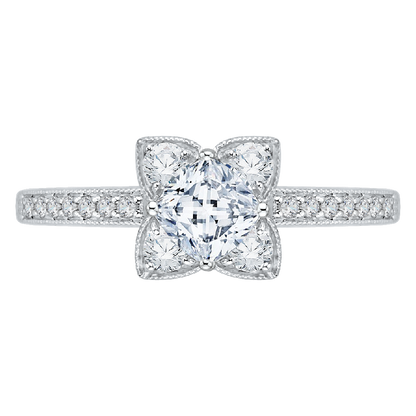 Cushion Cut Diamond Floral Engagement Ring in 14K White Gold