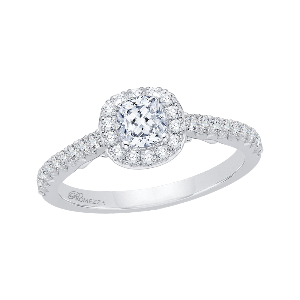 Cushion Cut Diamond Halo Engagement Ring in 14K White Gold