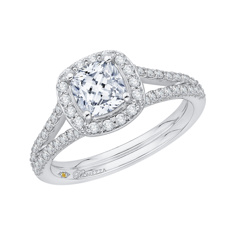 Cushion Cut Diamond Halo Engagement Ring in 14K White Gold