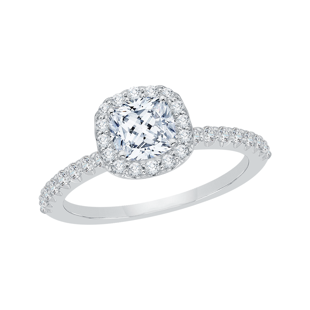 Cushion Cut Diamond Halo Engagement Ring In 14K White Gold