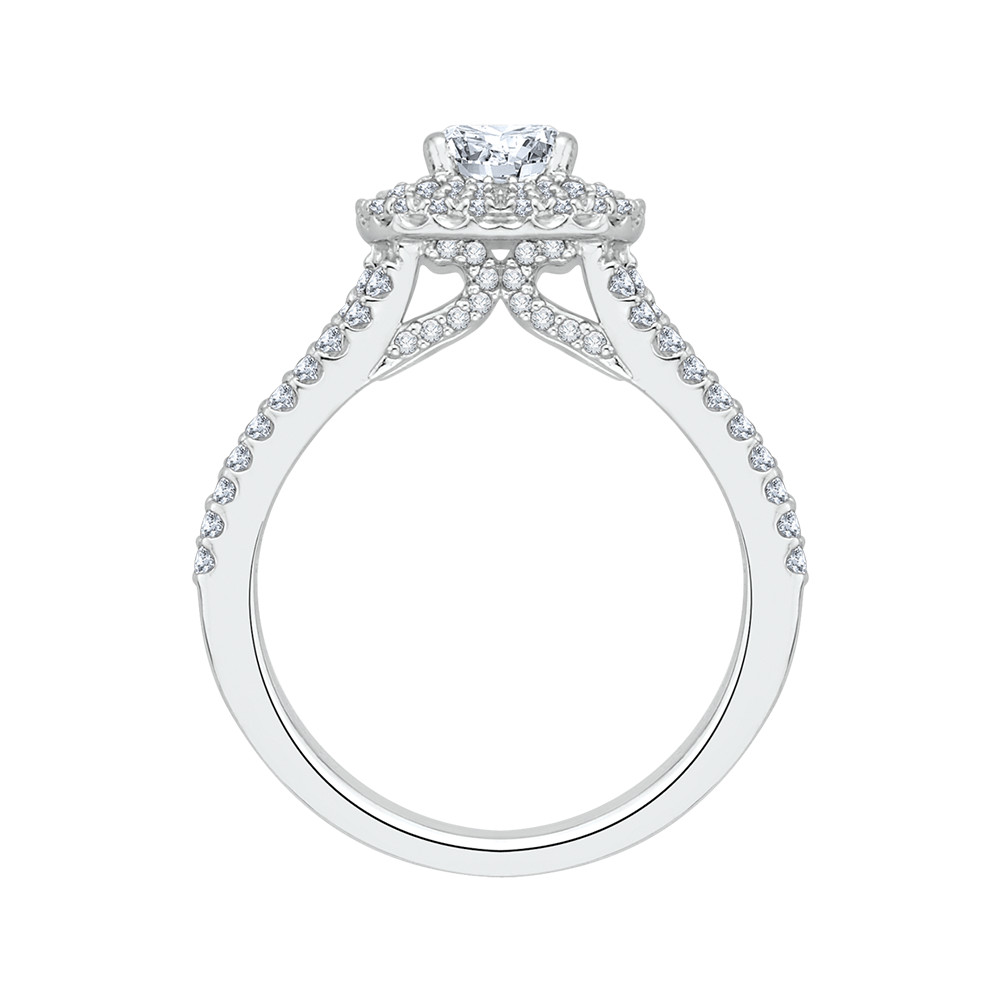 Split Shank Cushion Cut Diamond Double Halo Engagement Ring in 14K White Gold