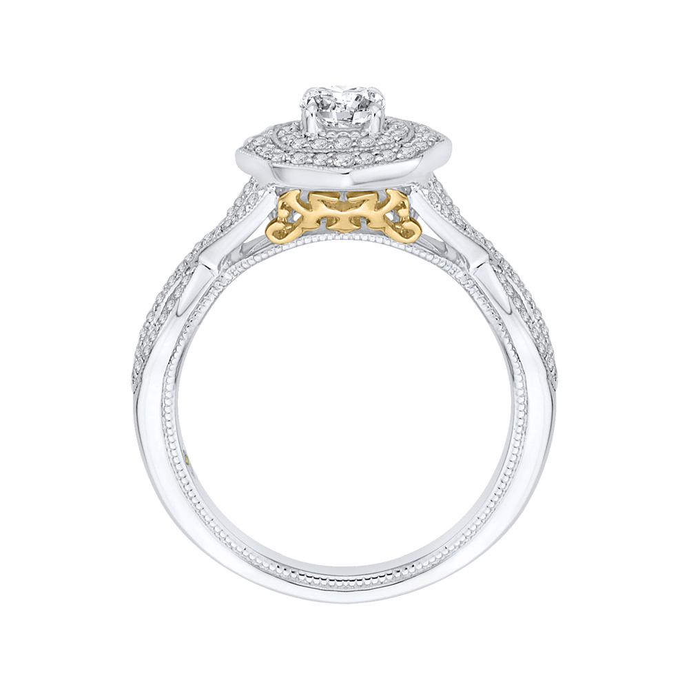 Cushion Cut Diamond Double Halo Engagement Ring in 14K Two Tone Gold