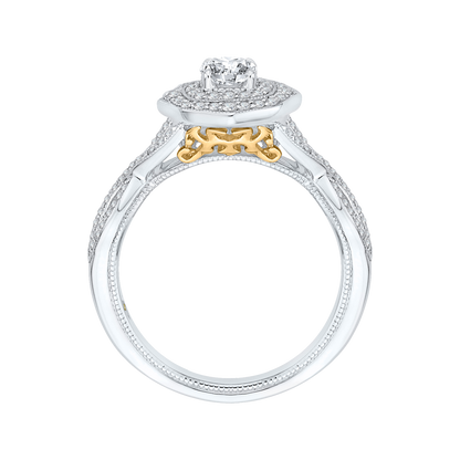 Cushion Cut Diamond Double Halo Engagement Ring in 14K Two Tone Gold