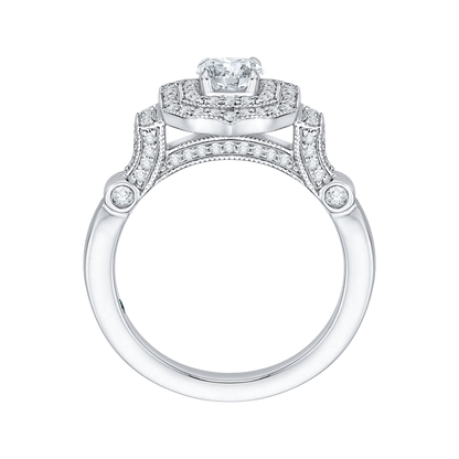 Cushion Cut Diamond Double Halo Vintage Engagement Ring in 14K White Gold