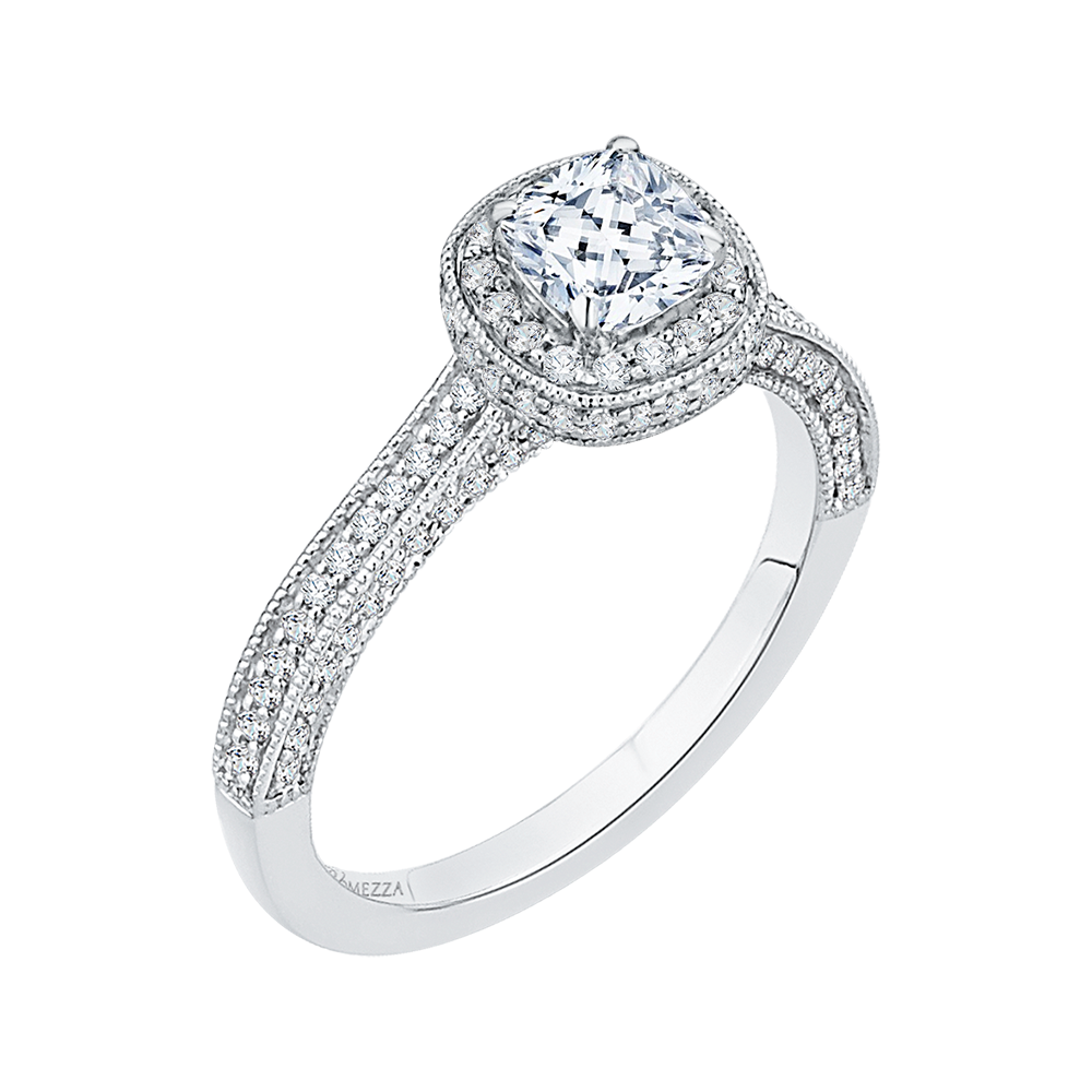 Cushion Cut Diamond Halo Engagement Ring in 14K White Gold