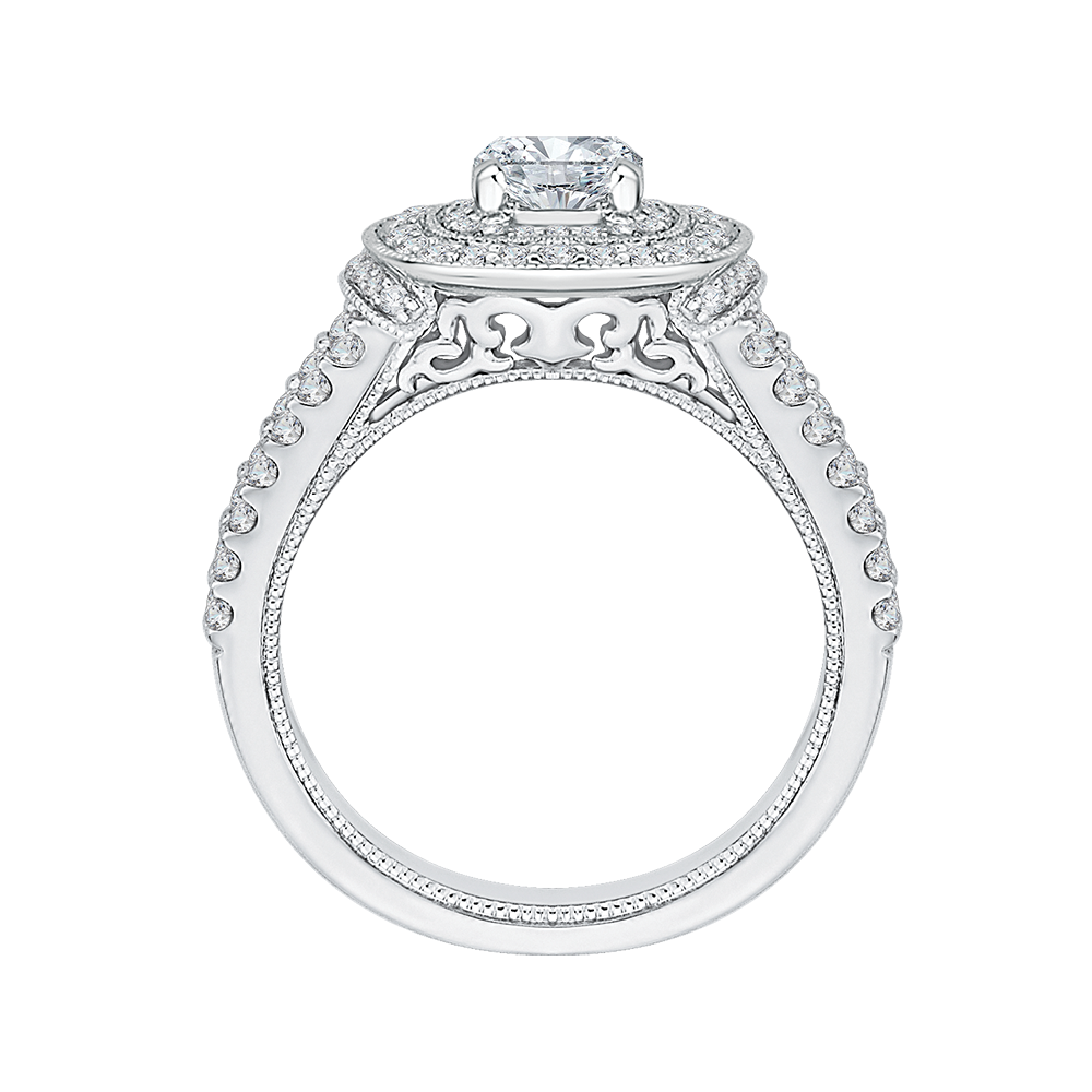 Cushion Cut Diamond Double Halo Engagement Ring in 14K White Gold