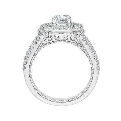 Cushion Cut Diamond Double Halo Engagement Ring in 14K White Gold