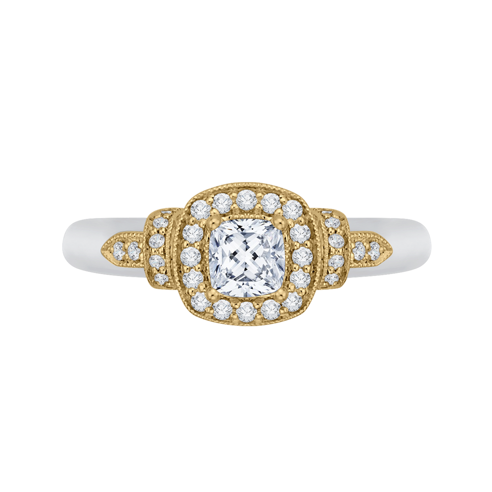 Cushion Cut Diamond Halo Engagement Ring in 14K Two Tone Gold