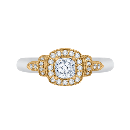 Cushion Cut Diamond Halo Engagement Ring in 14K Two Tone Gold