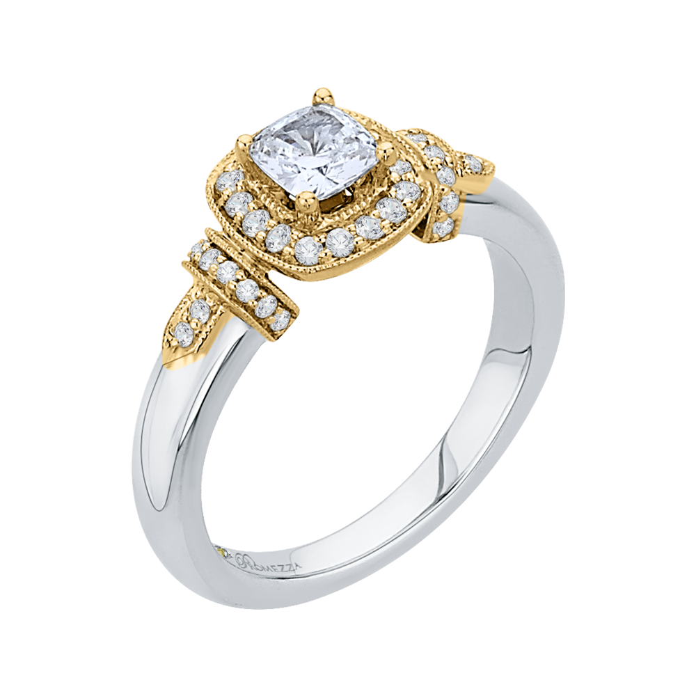 Cushion Cut Diamond Halo Engagement Ring in 14K Two Tone Gold