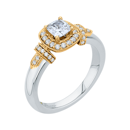 Cushion Cut Diamond Halo Engagement Ring in 14K Two Tone Gold