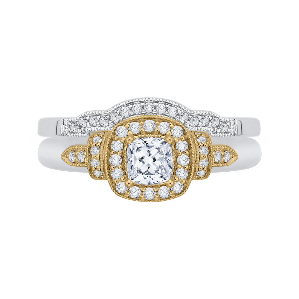 Cushion Cut Diamond Halo Engagement Ring in 14K Two Tone Gold