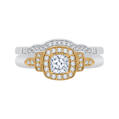 Cushion Cut Diamond Halo Engagement Ring in 14K Two Tone Gold