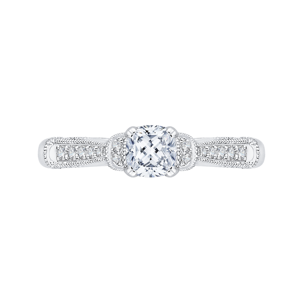 Cushion Cut Diamond Cathedral Style Engagement Ring in 14K White Gold