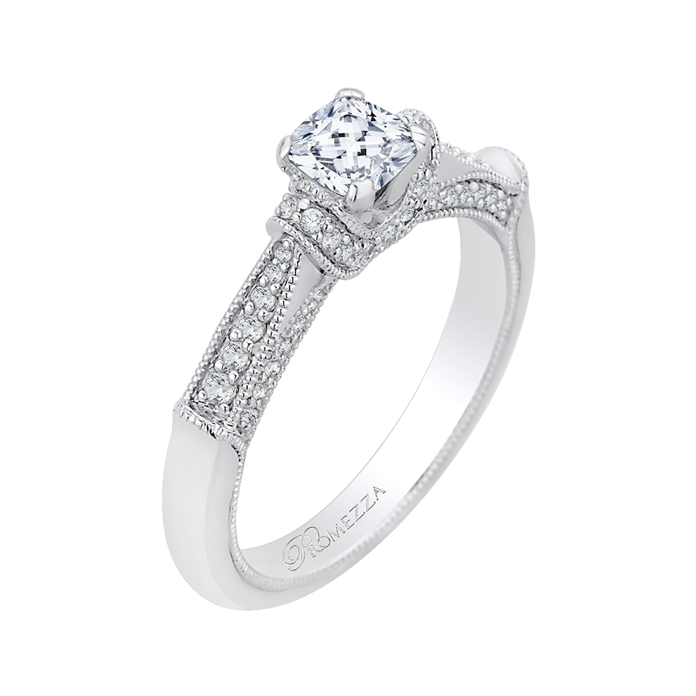 Cushion Cut Diamond Cathedral Style Engagement Ring in 14K White Gold