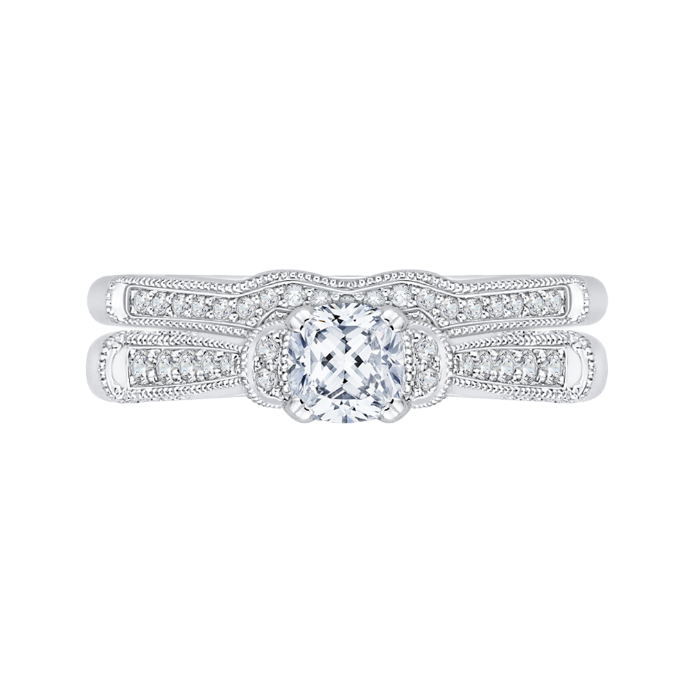 Cushion Cut Diamond Cathedral Style Engagement Ring in 14K White Gold