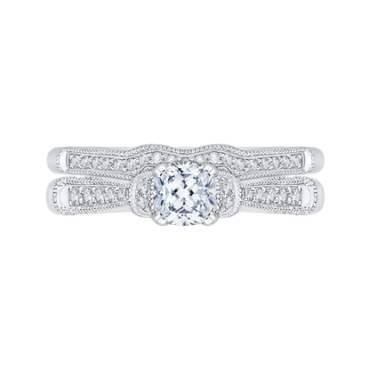 Cushion Cut Diamond Cathedral Style Engagement Ring in 14K White Gold