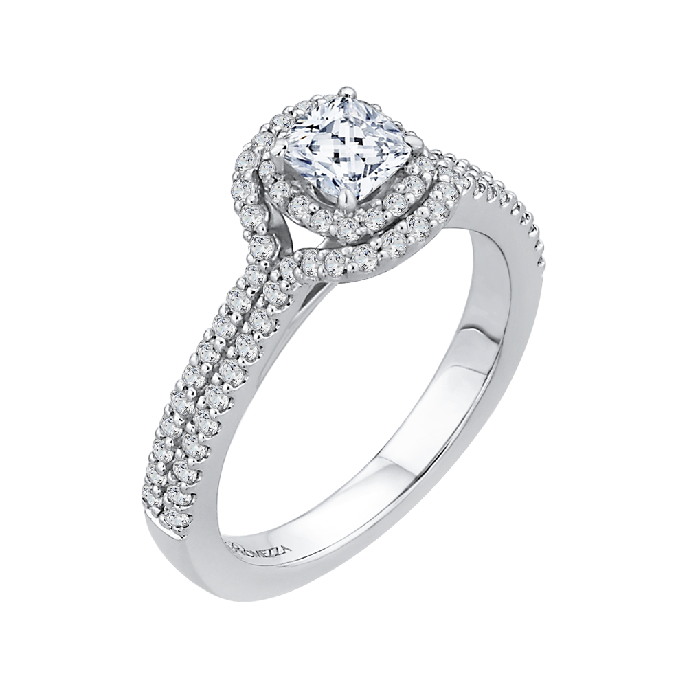 Cushion Cut Diamond Double Halo Cathedral Style Engagement Ring in 14K White Gold