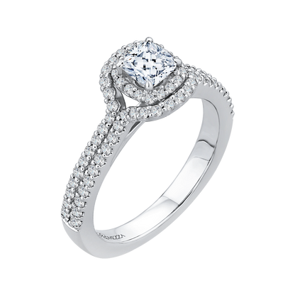 Cushion Cut Diamond Double Halo Cathedral Style Engagement Ring in 14K White Gold