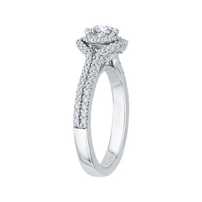 Cushion Cut Diamond Double Halo Cathedral Style Engagement Ring in 14K White Gold