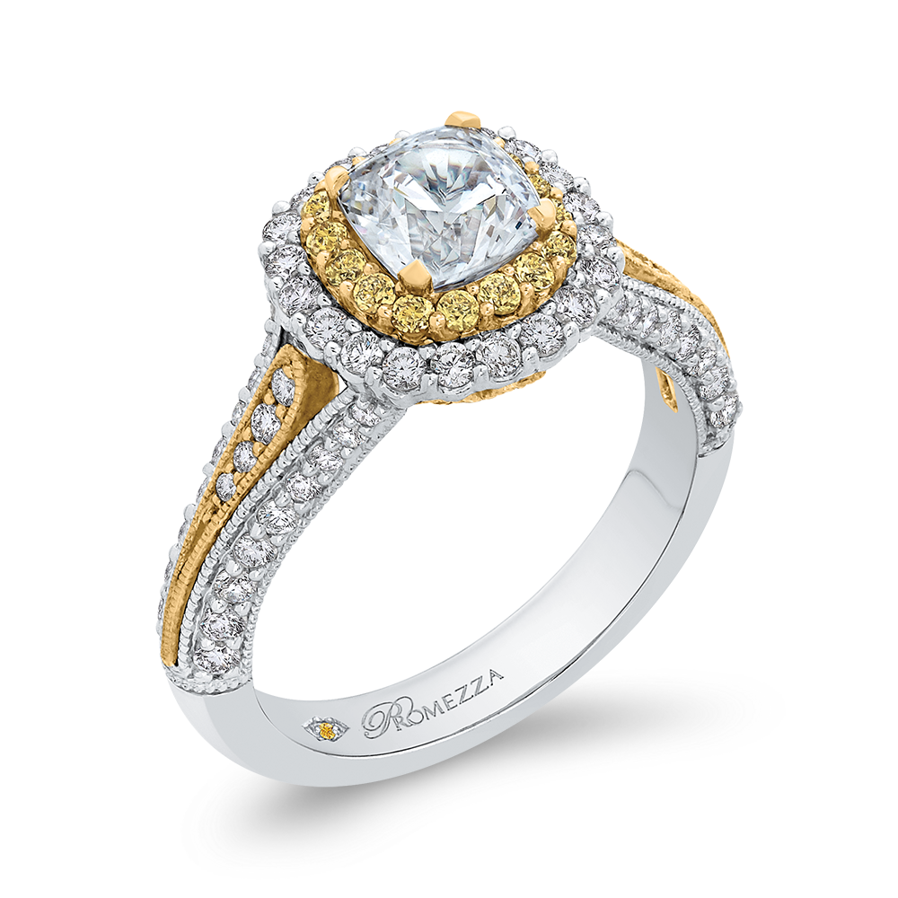 Split Shank Cushion Cut Diamond Double Halo Engagement Ring in 14K Two Tone Gold