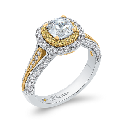 Split Shank Cushion Cut Diamond Double Halo Engagement Ring in 14K Two Tone Gold