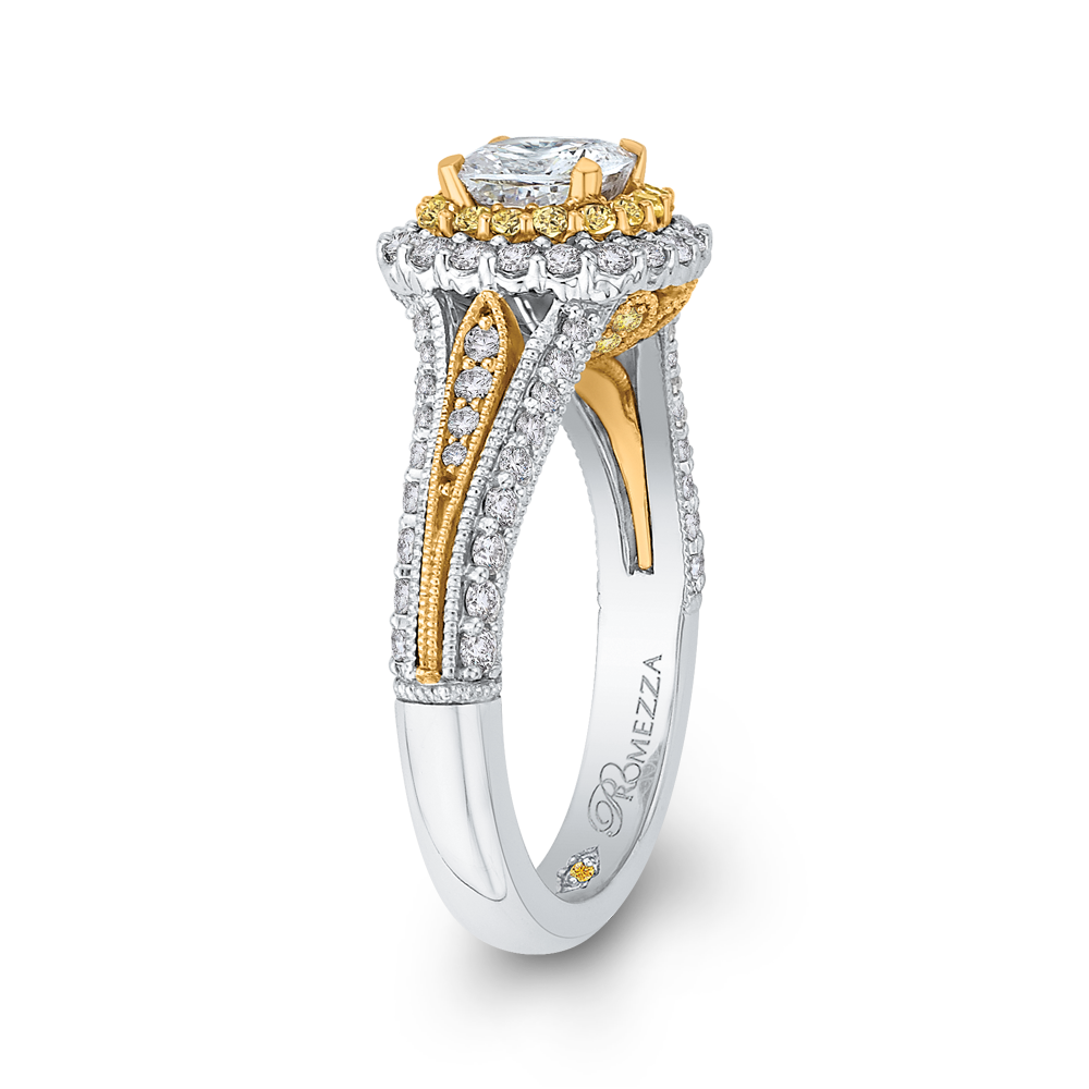 Split Shank Cushion Cut Diamond Double Halo Engagement Ring in 14K Two Tone Gold