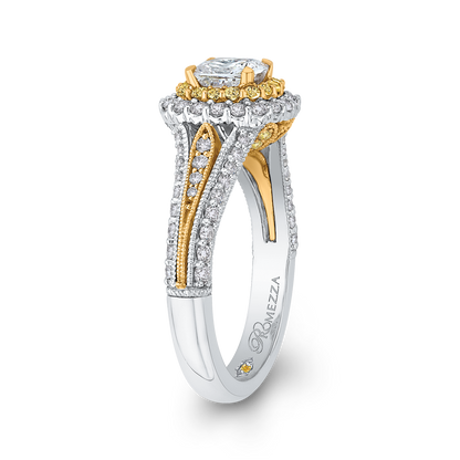 Split Shank Cushion Cut Diamond Double Halo Engagement Ring in 14K Two Tone Gold