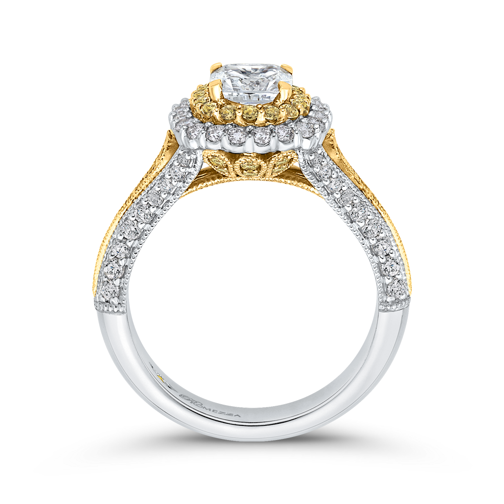 Split Shank Cushion Cut Diamond Double Halo Engagement Ring in 14K Two Tone Gold