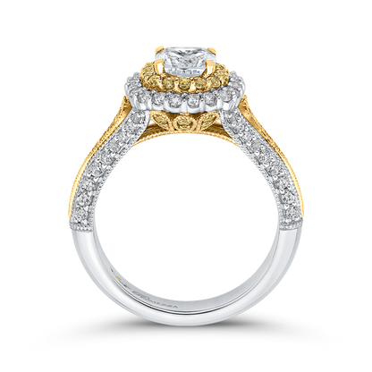 Split Shank Cushion Cut Diamond Double Halo Engagement Ring in 14K Two Tone Gold