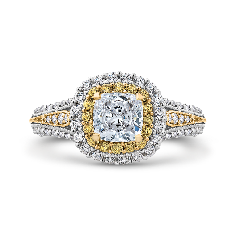 Split Shank Cushion Cut Diamond Double Halo Engagement Ring in 14K Two Tone Gold