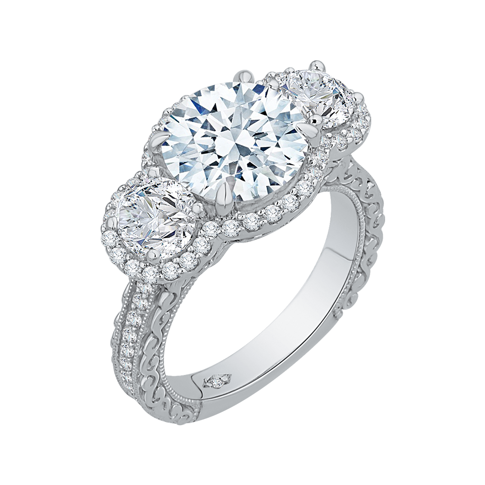 Diamond Three-Stone Halo Engagement Ring in 18K White Gold (Semi-Mount)