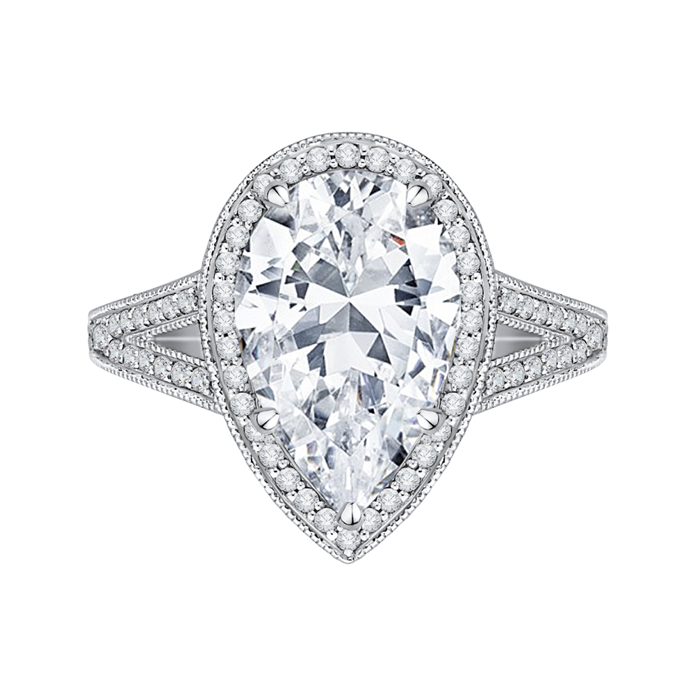 Split Shank Pear Cut Diamond Halo Engagement Ring in 18K White Gold (Semi-Mount)