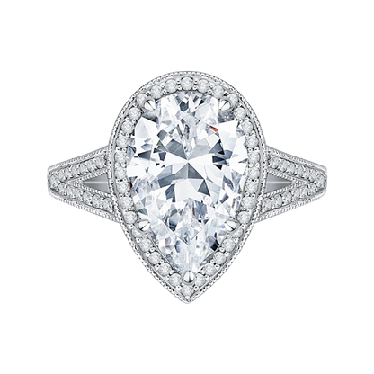 Split Shank Pear Cut Diamond Halo Engagement Ring in 18K White Gold (Semi-Mount)