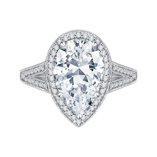 Split Shank Pear Cut Diamond Halo Engagement Ring in 18K White Gold (Semi-Mount)